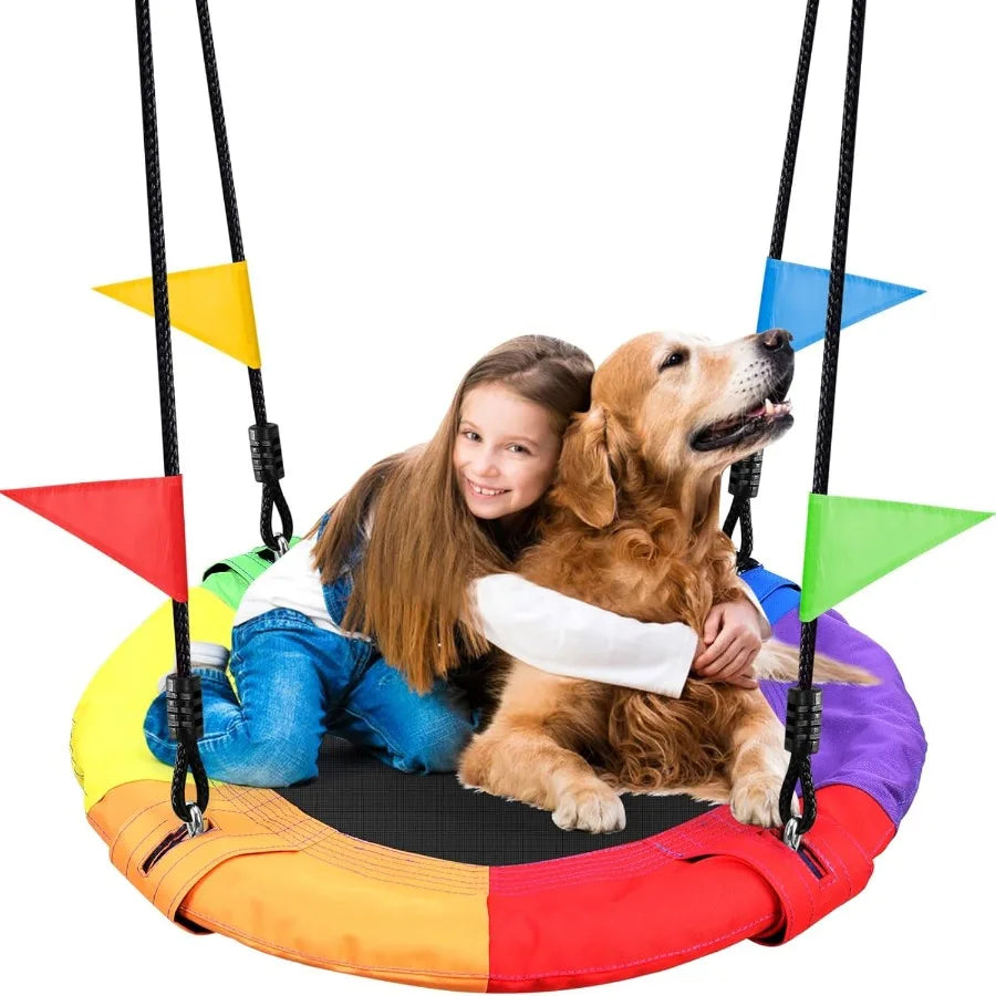 30 inch Kid Tree Swing Outdoor Small Saucer Swing 900D Waterproof Oxford Platform Swing for Backyard Round Flying Swing with Ad