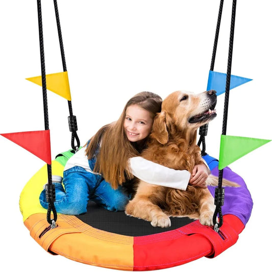 30 inch Kid Tree Swing Outdoor Small Saucer Swing 900D Waterproof Oxford Platform Swing for Backyard Round Flying Swing with Ad