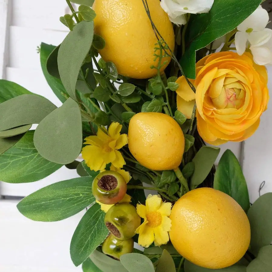 20 Inch Artificial Lemon Wreath For Front Door With Yellow Peony And Hydrangea