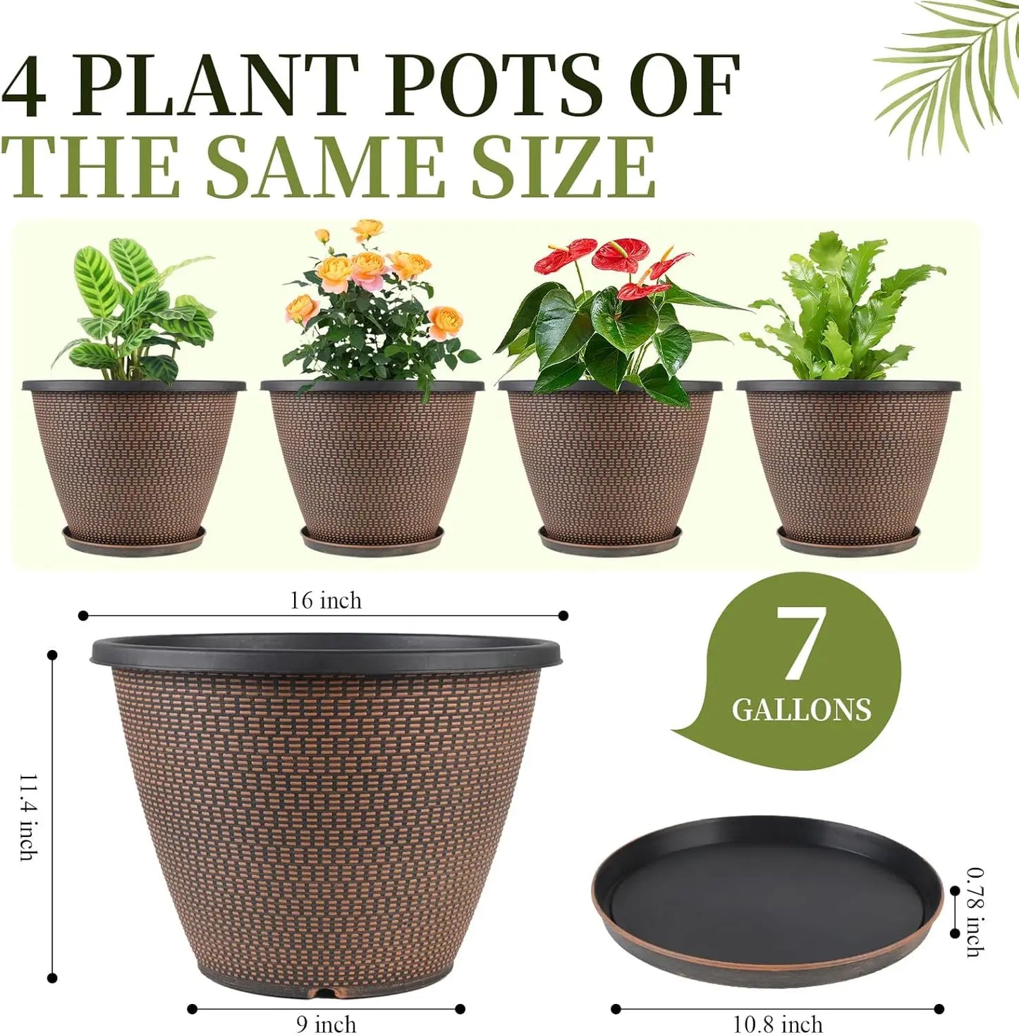 16 Inch Plant Pots Set Of 4 With Trays Lightweight Plastic Planters Black Copper