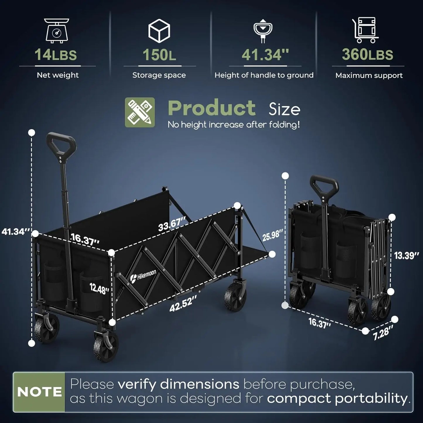 43 Inch Extra Long Collapsible Wagon With Extended Tailgate Outdoor Use 360 Lbs