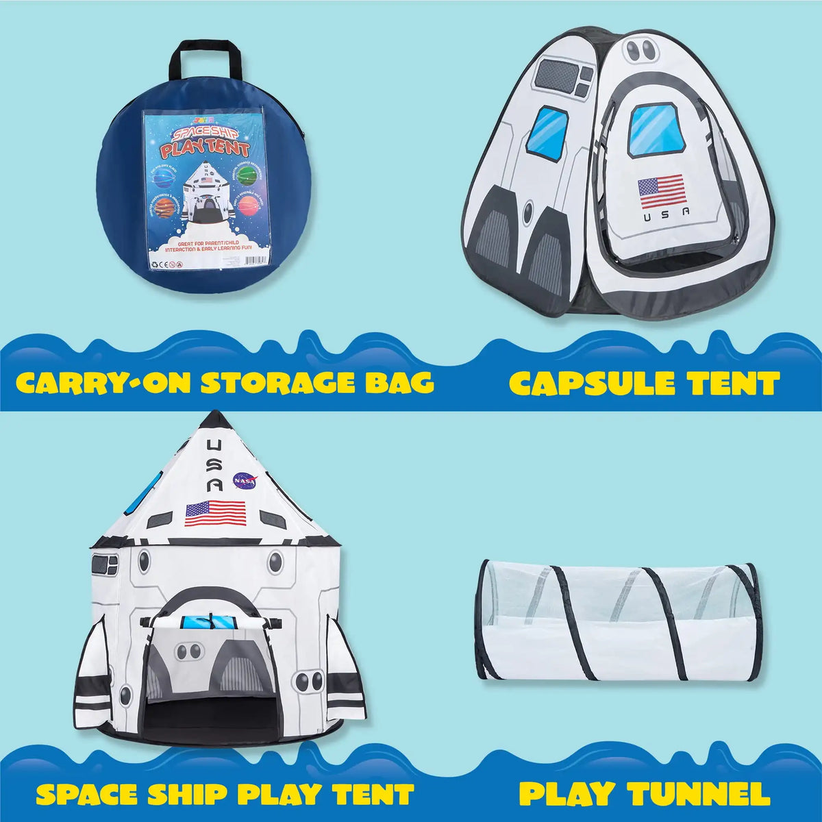 Joyfy Rocket Ship Play Tent With Pop Up Tunnel Set For Kids