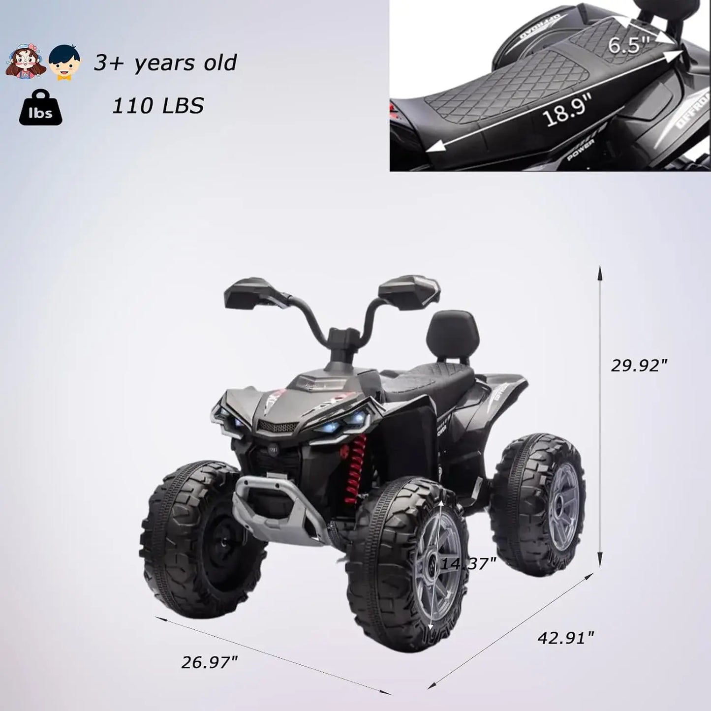 24V Kids Electric ATV Two Seater With Dual 550W Motors LED Lights Music Player