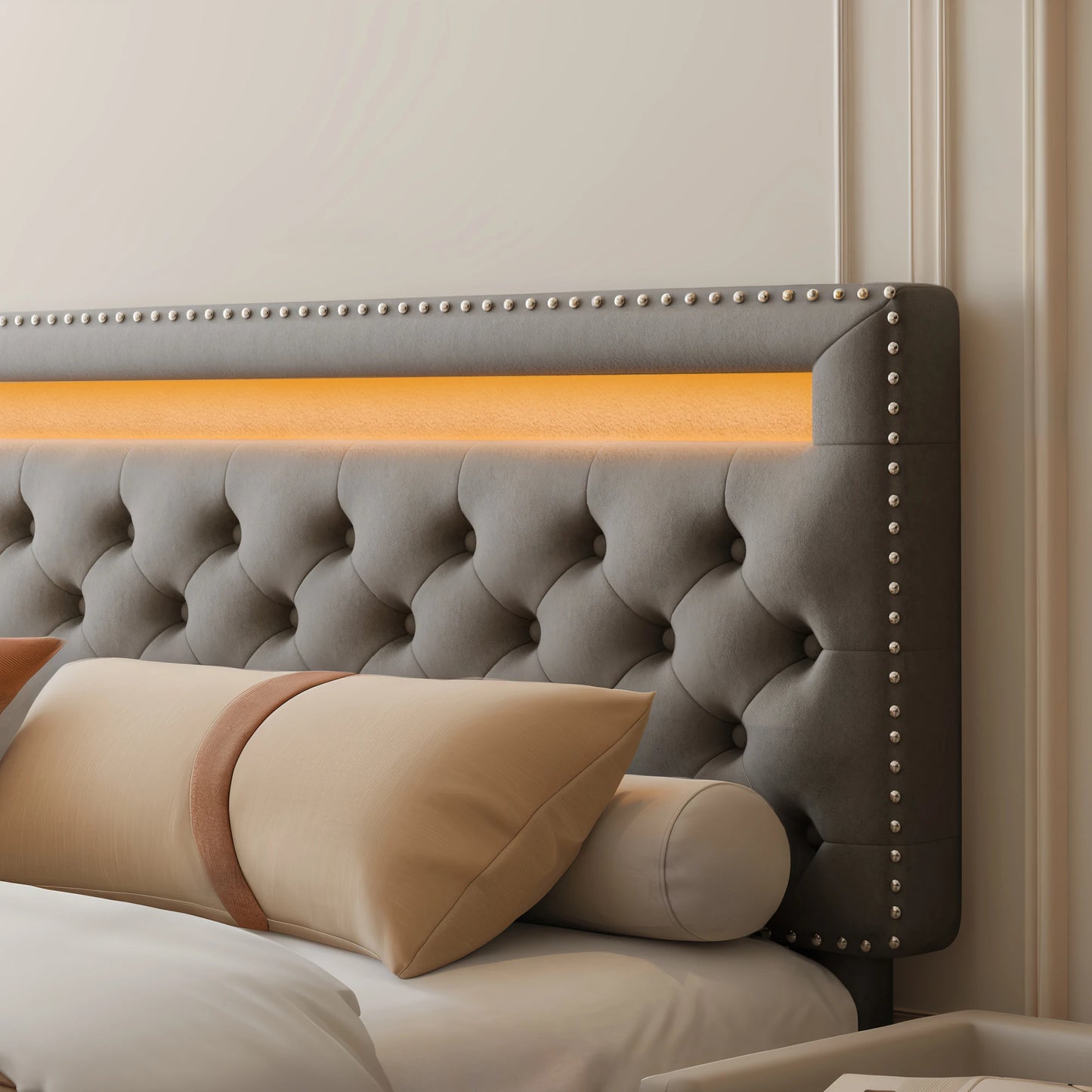 GEGOFORU Full Size LED Bed Frame Storage Drawers RGBW Lights PU Velvet