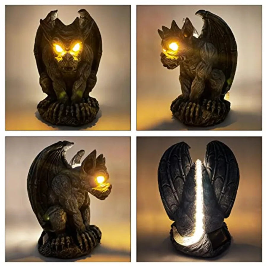 Large Winged Gargoyle Statue with Solar Lights Outdoor Decor, Sitting Gargoyle Monster Dragon Garden Guardian Gothic Creep Scar