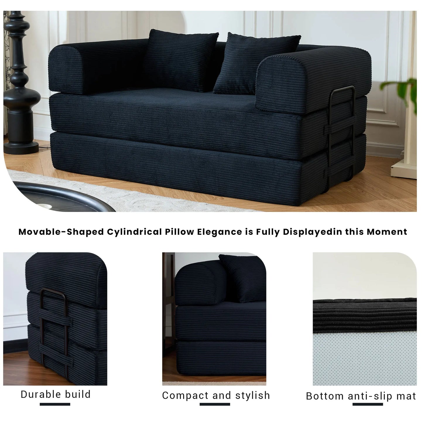 59 Boneless Foldable Sofa Bed Convertible 2 Seater Corduroy Couch Sleeper