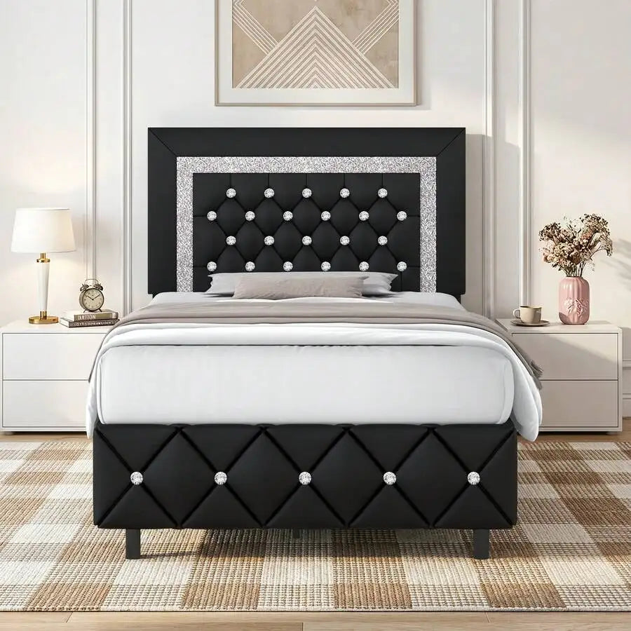 Twin/ Full/ Queen/ King Size Bed Frame, Upholstered Bed Frame With Diamond Headboard And Footboard, Pearl White/ Beige/ Black/ Grey/ Pink/ Purple/ Green