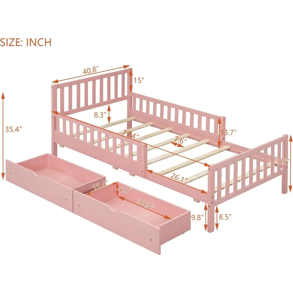 Pink Kids Twin Bed with Guardrails and Headboard Footboard 2 Drawers