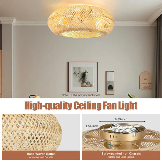 20" Farmhouse Boho Rattan Woven Bamboo Ceiling Fan with Light & Remote Control !