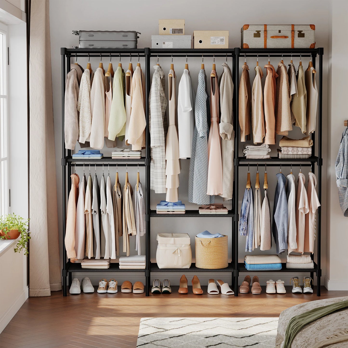 3 Tier Portable Wardrobe With Hanging Rods And Storage Shelves For Home