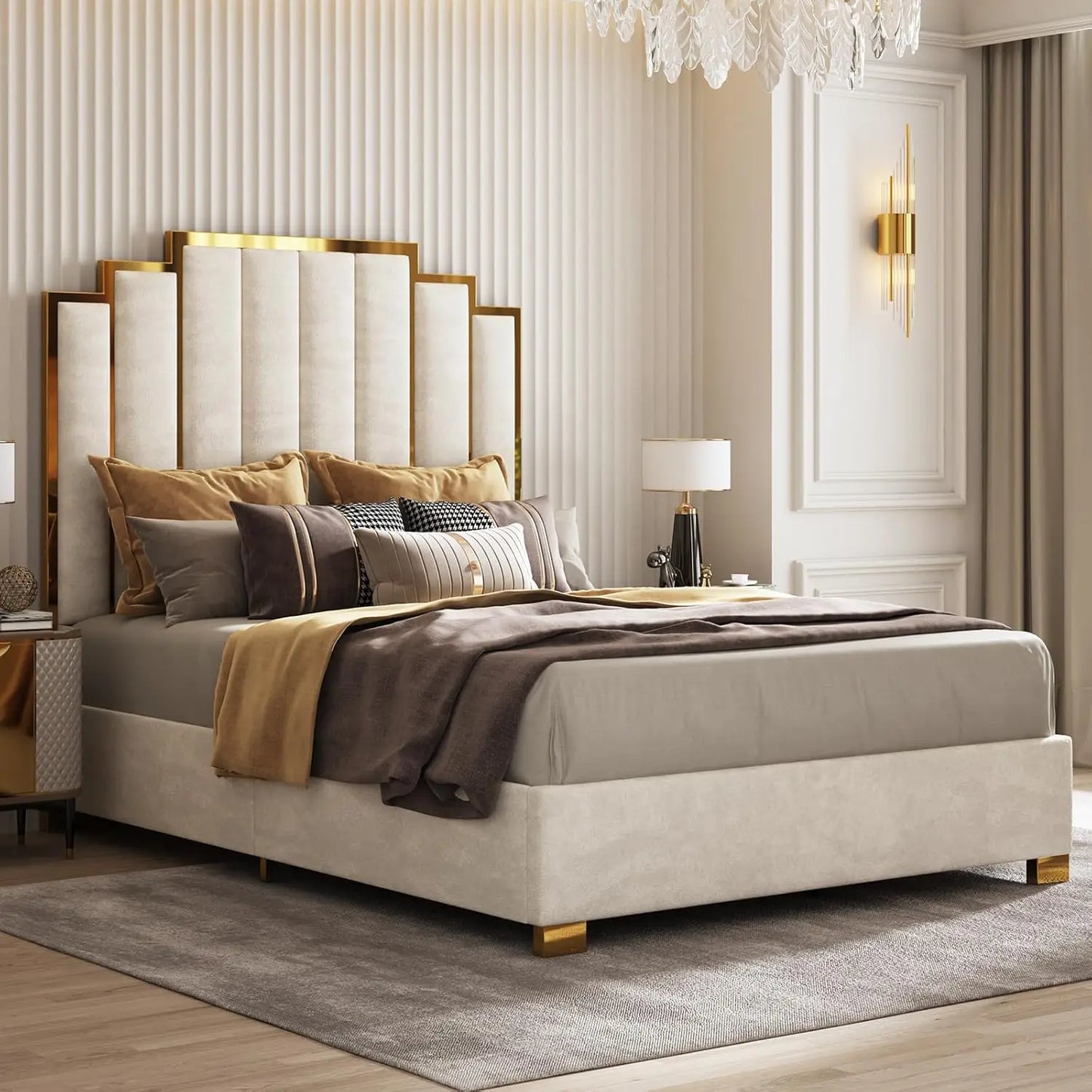Cream Velvet Upholstered Bed Frame With Tall Gold Trim Headboard No Box Spring