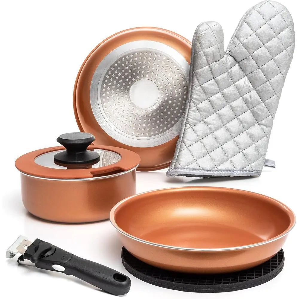 Nonstick Removable Handle Cookware, Stackable Pots And Pans Set, Dishwasher Safe, Induction Compatible, Camping Cookware Set (7