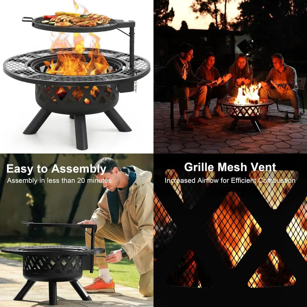 Outdoor 32 Inch Fire Pit With Poker And Wood Burning Grill