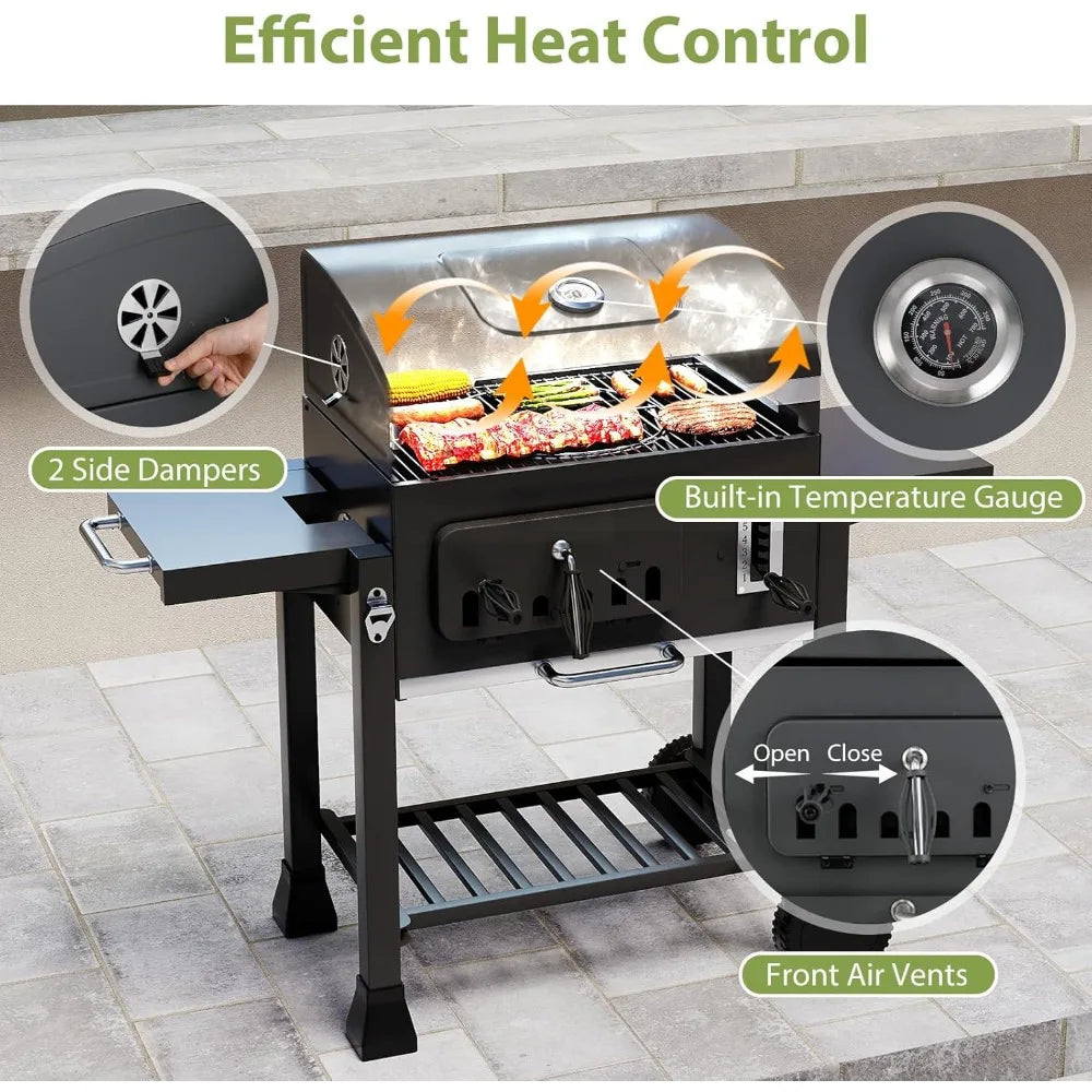 Adjustable Charcoal Grill With Thermometer And Side Tables