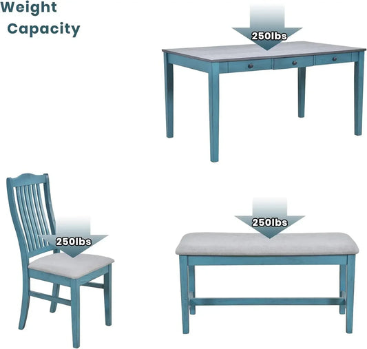 Dining Table Set for 6 with Chairs Blue Farmhouse Style