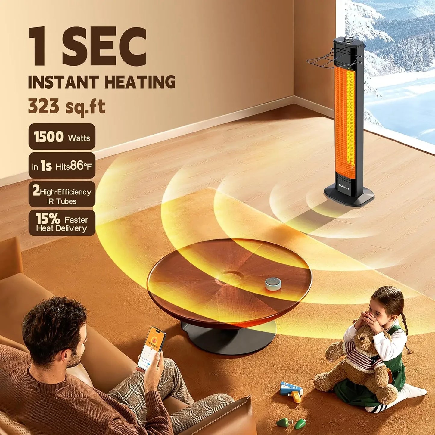 Outdoor Electric Patio Heater 34In 1500W 3 Heat Levels IPX5