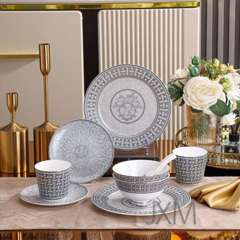 Luxury 10 Piece European Style Gray Horse Drawn Cart Tableware Set Bone China