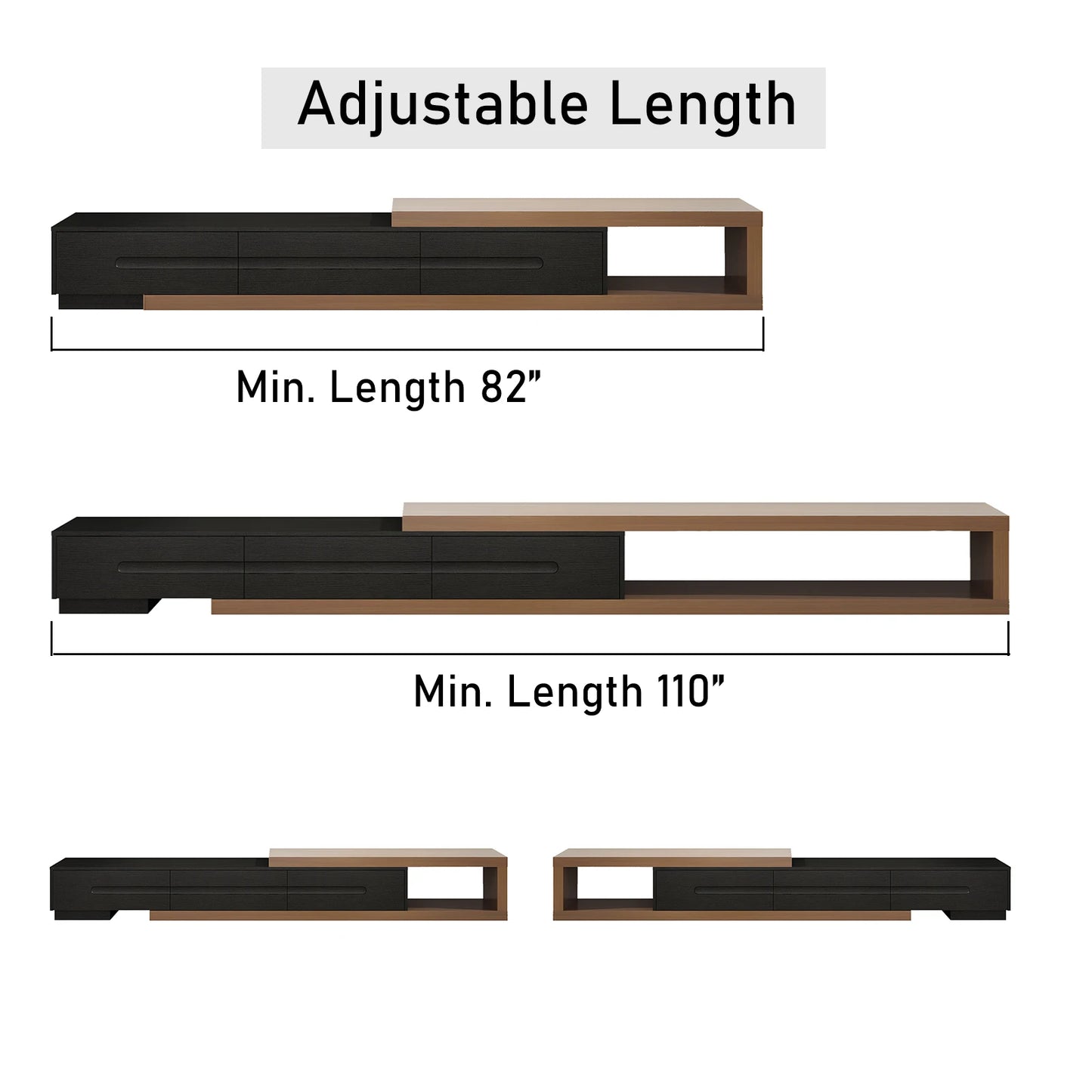 Extendable TV Stand for Up to 120"TV, 82-110'' Wood Reversible TV Media Console w/3 Drawers & Open Storage Shelf for Living Room