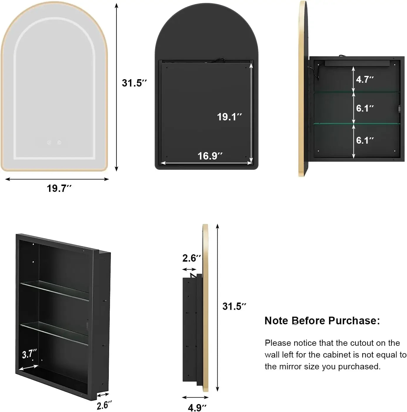 Lighted Arched Medicine Cabinet with LED Mirror - 20x31 Inch Recessed Bathroom Storage, Gold Arched Wall Mounted Mirror Cabinet