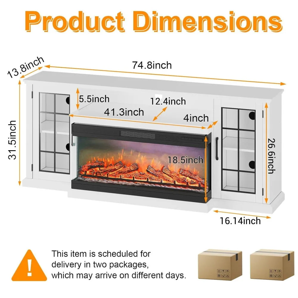 75“ TV Stand with Electric Fireplace, Farmhouse Entertainment Center for 80 Inch TV, 3-Sided Glass Fireplace Heater 5000BTU, 12 Flame Colors, Storage Cabinet with Shelves, Remote Control, Living Room Furniture