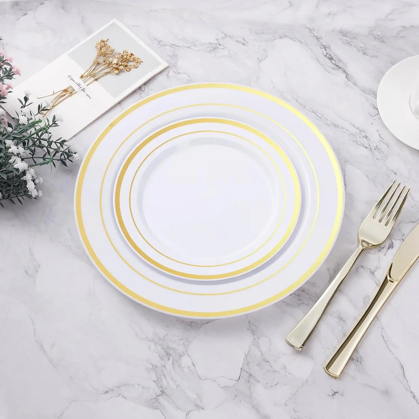 Gold Disposable Party Plates Set 200 Pcs 100 Dinner And 100 Dessert For Weddings