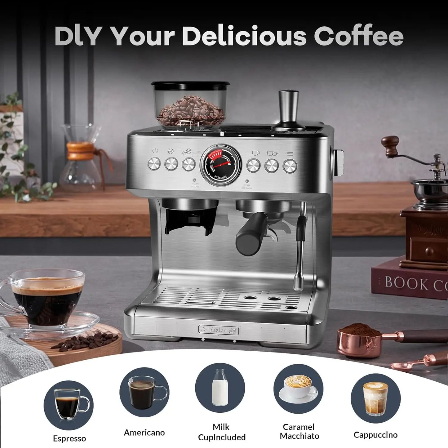 20 Bar Semi Automatic Espresso Machine With Grinder Steam Wand 30 Settings