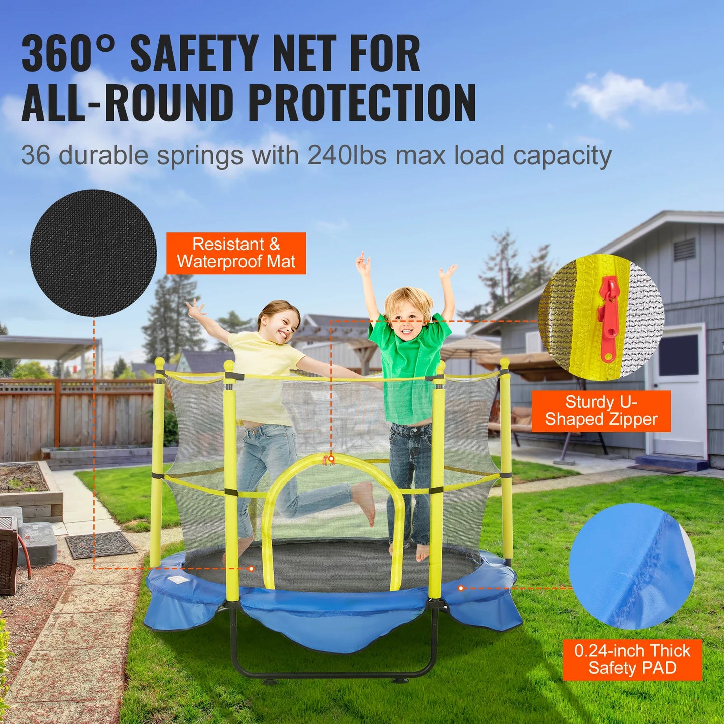 VEVOR 60" 5FT Trampoline for Kids Indoor Outdoor Trampoline with Safety Enclosure Net Basketball Hoop and Ocean Balls for Kids