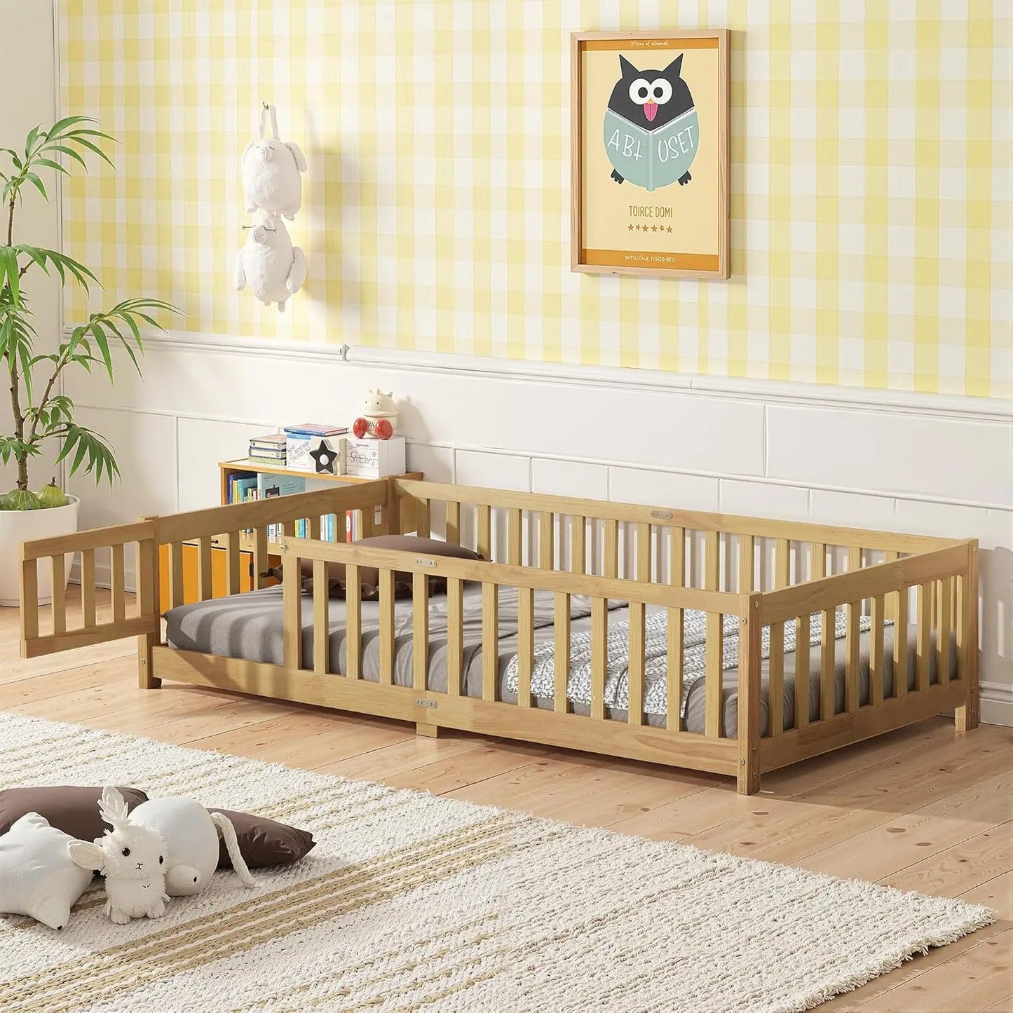 Full Size Floor Bed, Toddler Floor Bed Frame with High Guardrails, Solid Wood Montessori Beds Full with Support Slats, Fence and