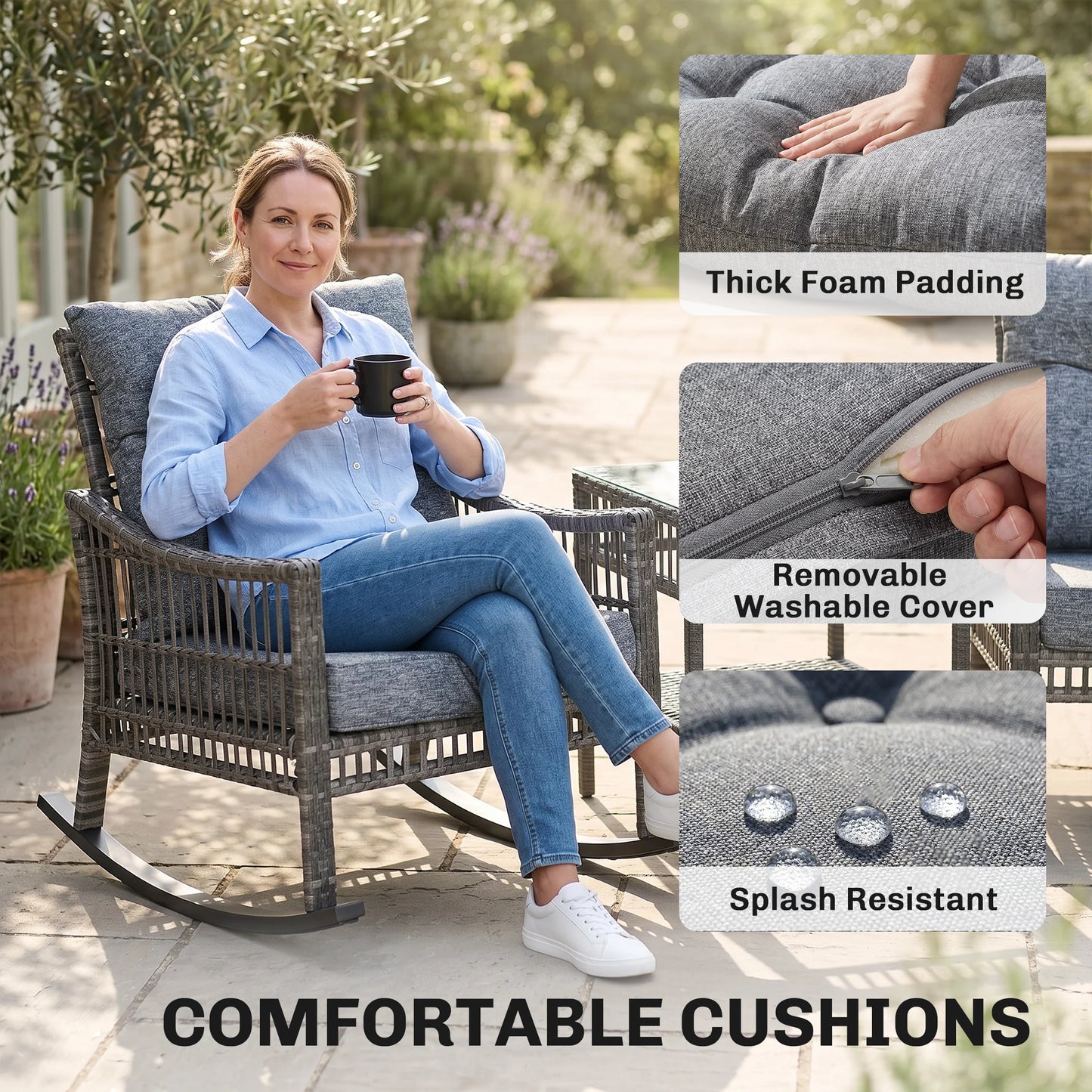 3 Piece Grey PE Rattan Outdoor Rocking Chair Set With Glass Table