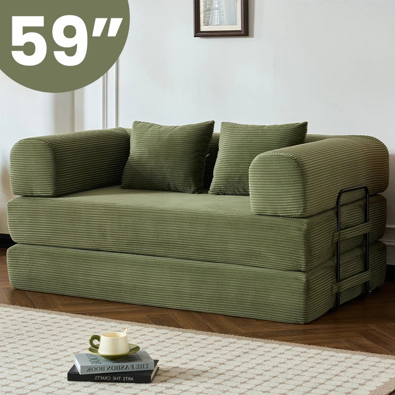 59 Boneless Foldable Sofa Bed Convertible 2 Seater Corduroy Couch Sleeper