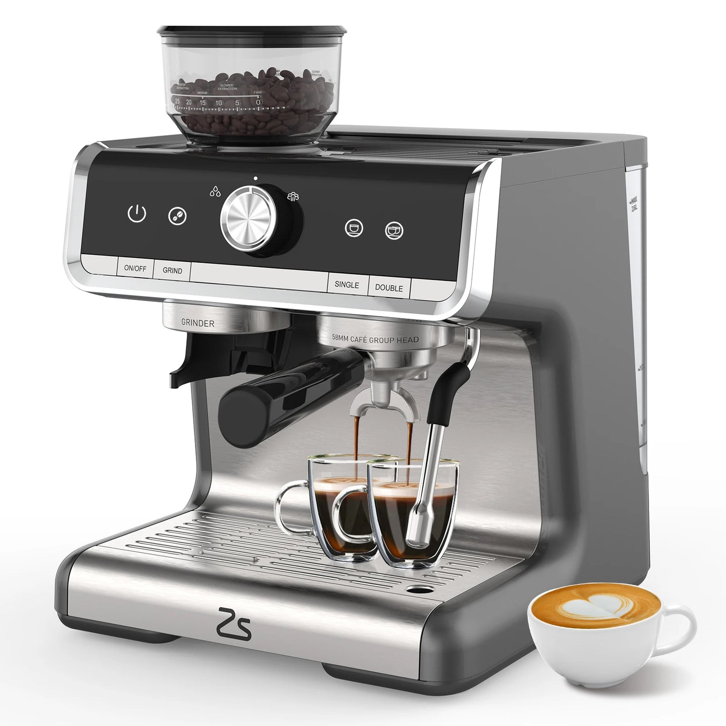 Espresso Machine With Grinder And Milk Frother Steam Wand 20 Bar 1450W