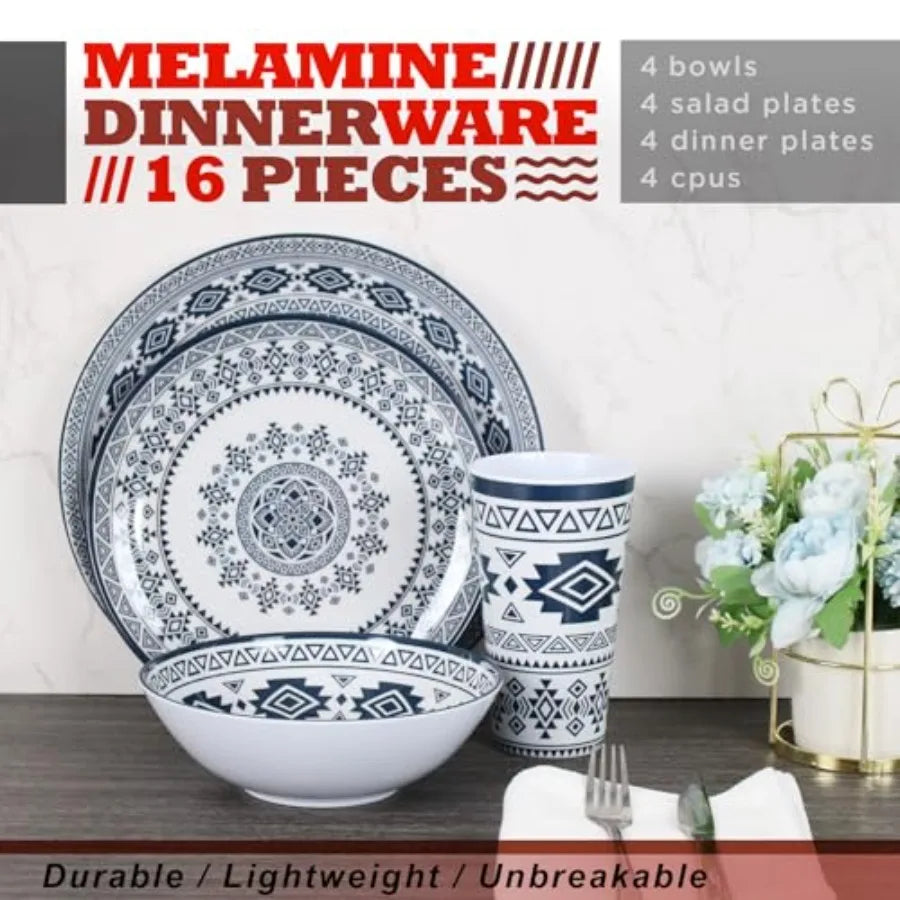 Melamine Dinnerware Set For 4 To 16 Pcs Camping Unbreakable Plates Bowls Cups