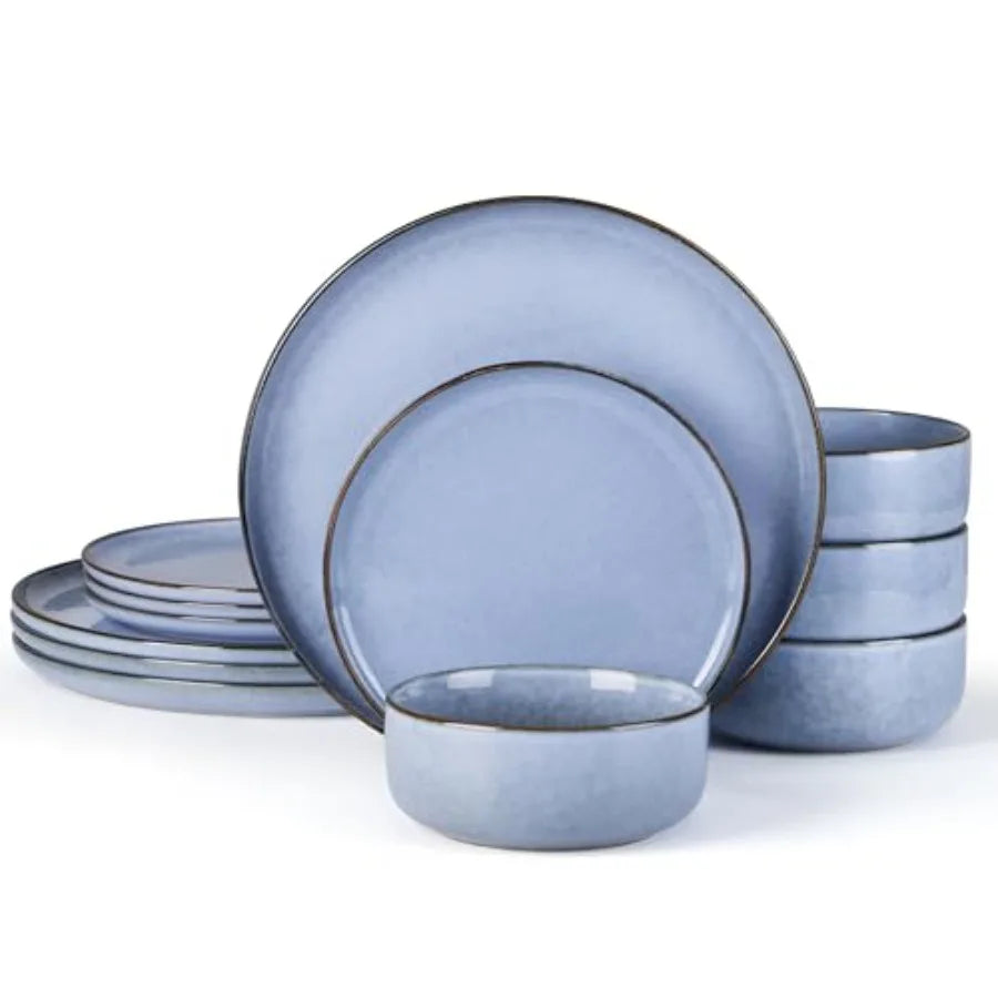 12-Piece Reactive Glaze Dinnerware Set For Four Plates And Bowls Microwave Safe