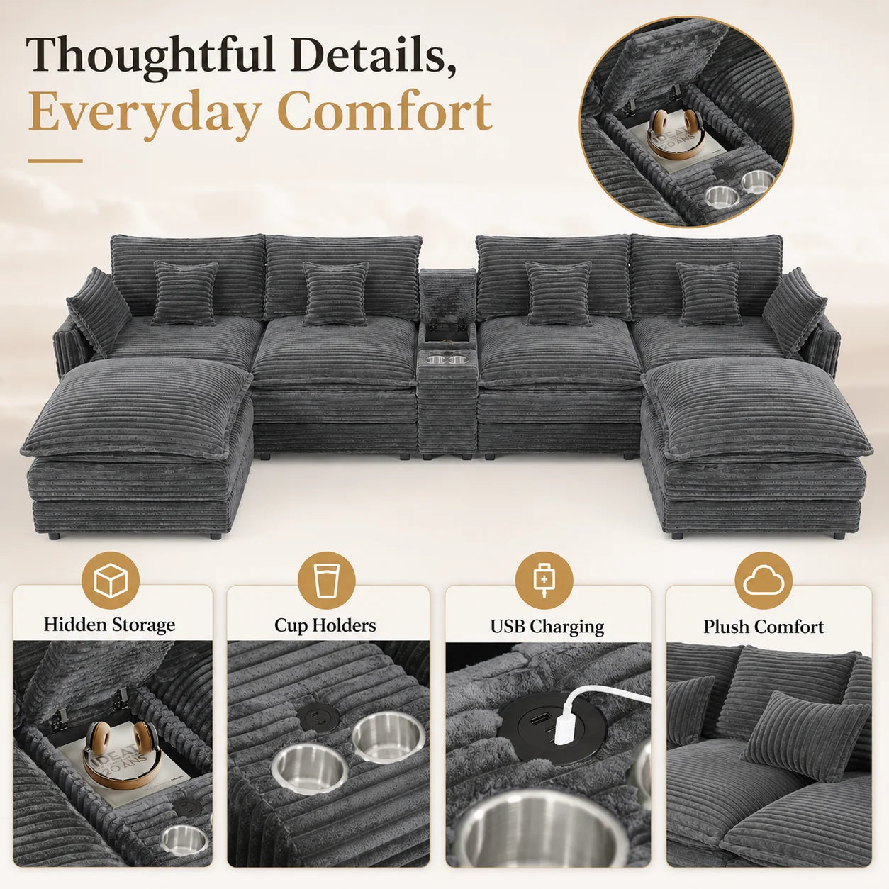 141 Inch 7 Piece U Shaped Sofa Set With Console Coffee Table And Pillows