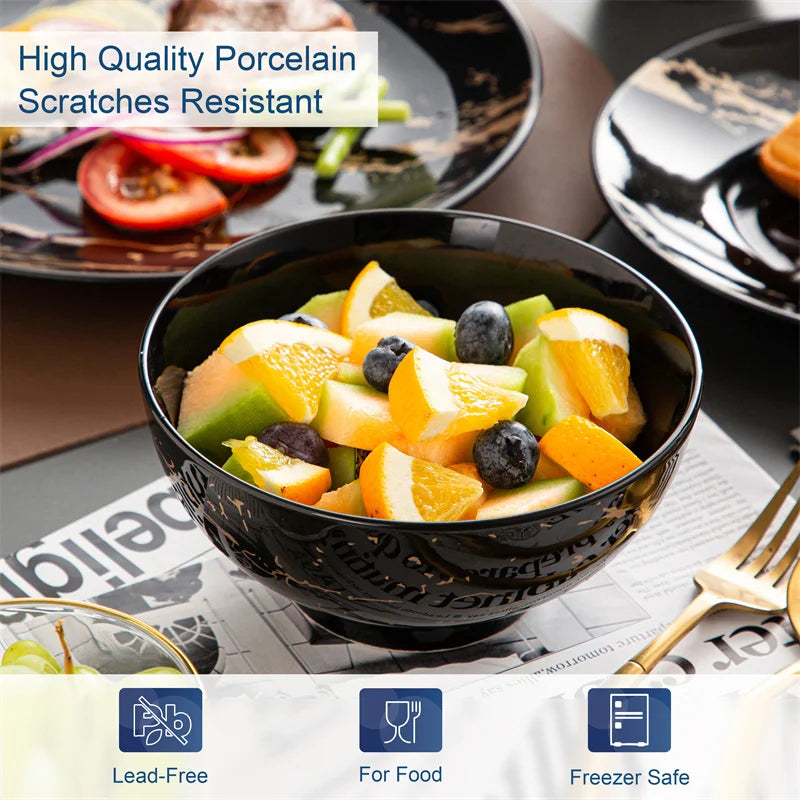 16 Piece Black Porcelain Set With Gold Splash Dinner Plates Bowls Coffee Cups