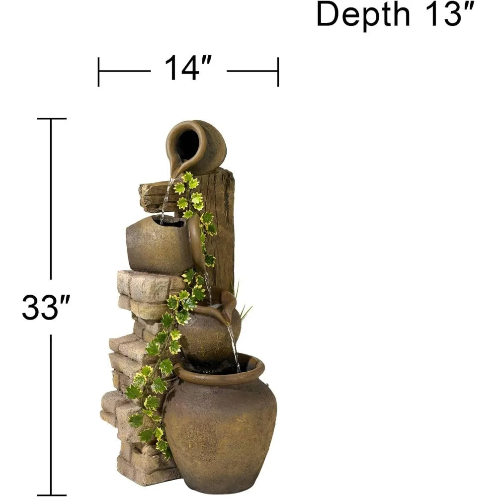 Large Rustic Tiered Stone-Look Floor Fountain with Cascading Waterfall for Indoor or Outdoor Decor
