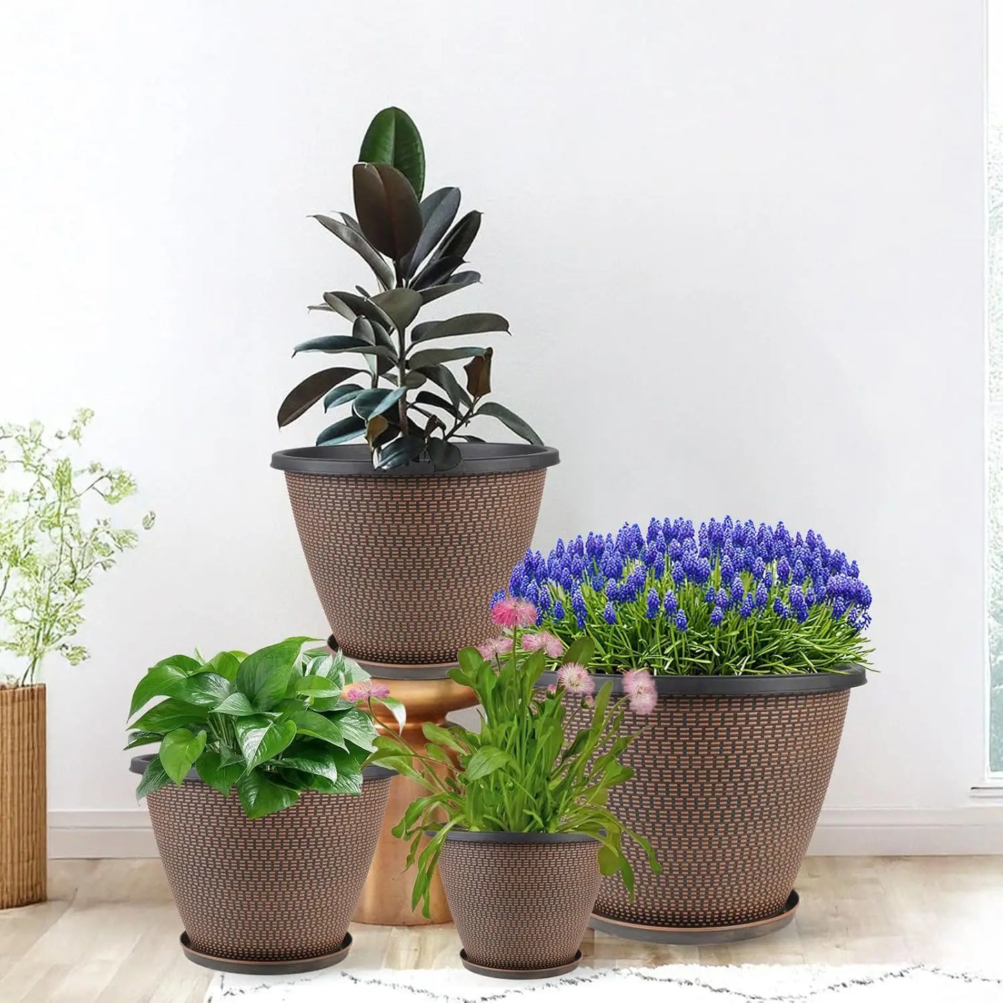 16 Inch Plant Pots Set Of 4 With Trays Lightweight Plastic Planters Black Copper