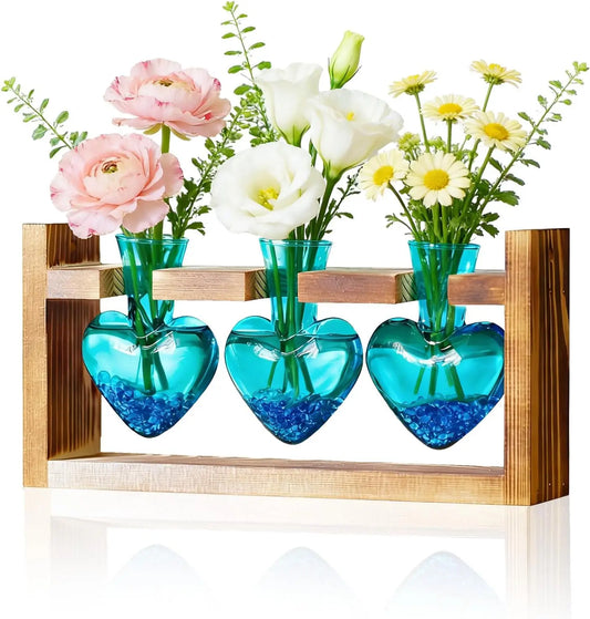 Heart Shaped Propagation Station With 3 Glass Vases Wooden Stand Home Decor