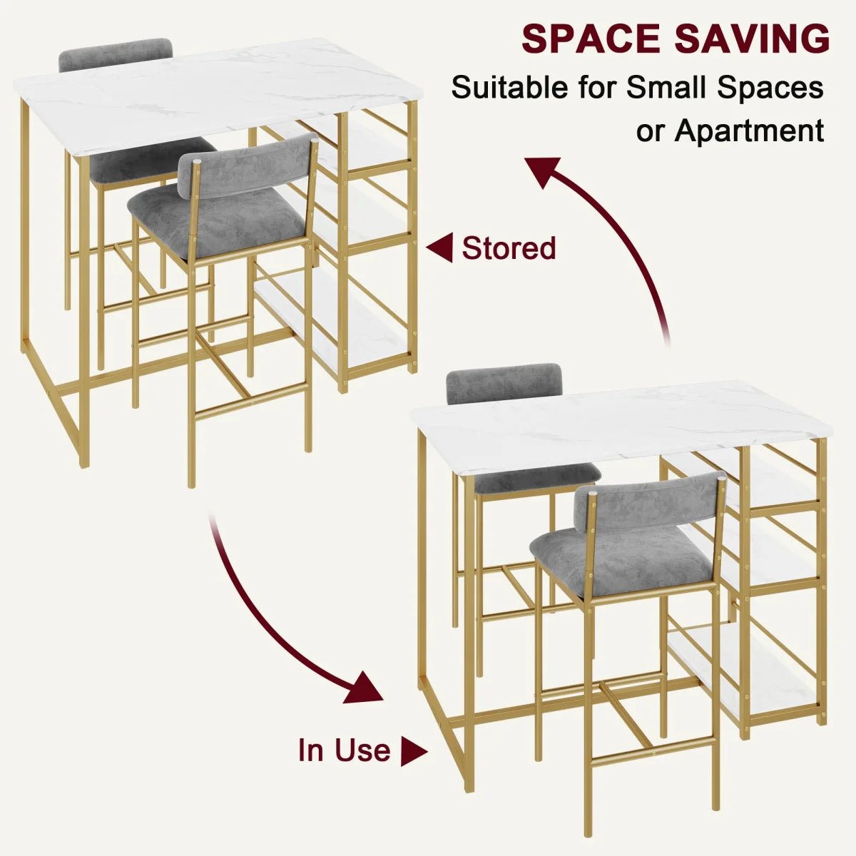 2-Person Dining Table Set,Bar Table with 2 Upholstered Chairs &3 Storage Shelves Small Space Kitchen Table for Apartment,Pub Sty