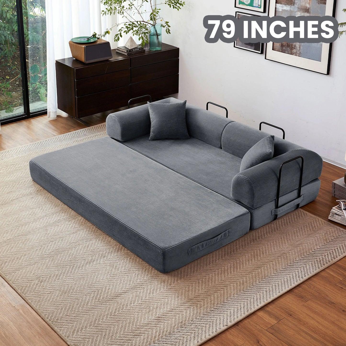 79 Inch Foldable Convertible Futon Sofa Bed With L Shaped Armrests