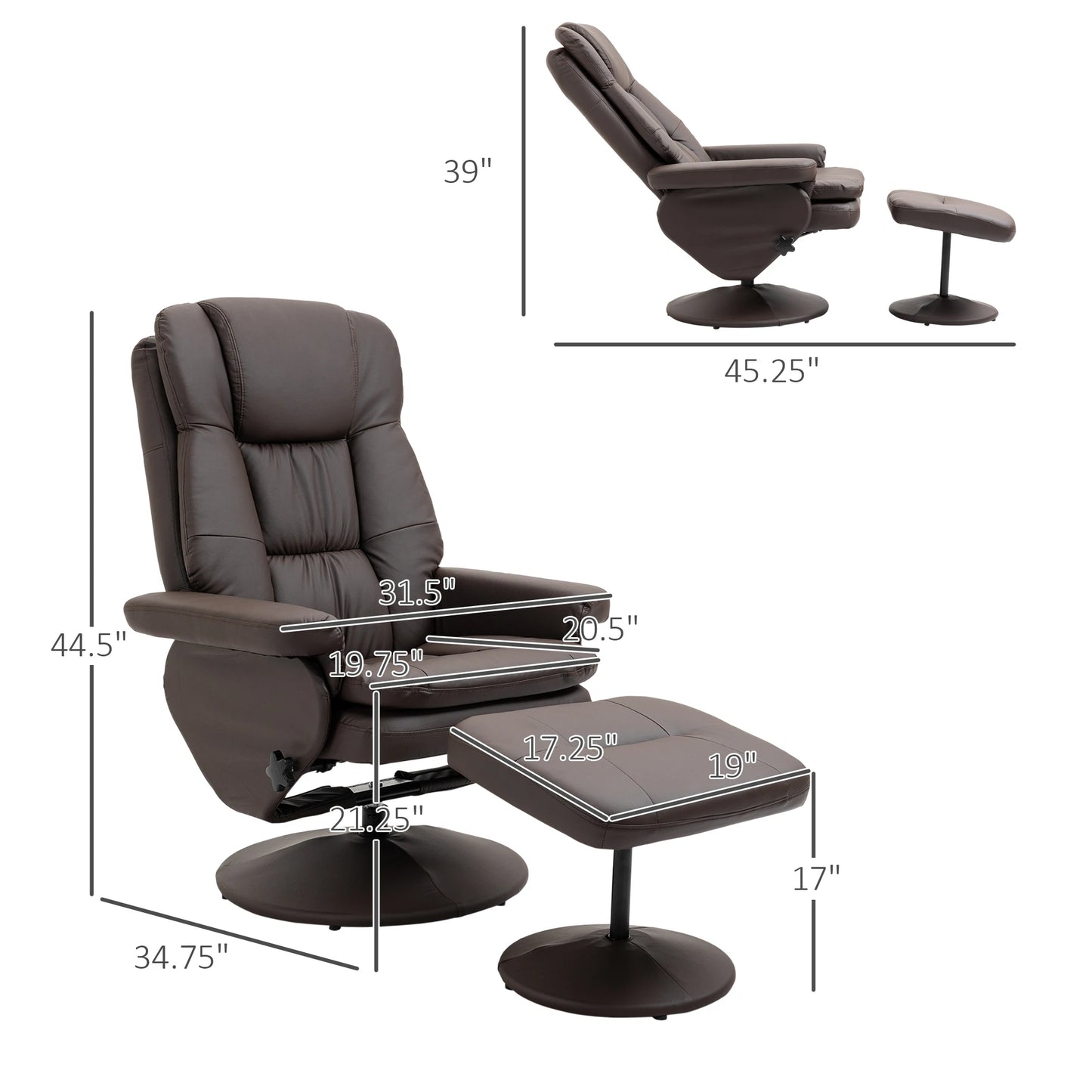Modern PU Leather Recliner Chair, Living Room Chair w/ Footrest Ottoman, Brown