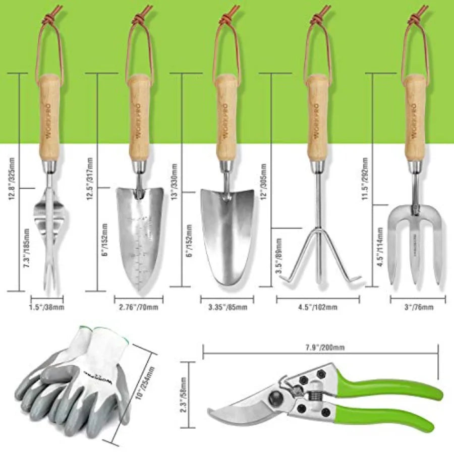 8 Piece Garden Tools Set Stainless Steel Heavy Duty With Wooden Handles Tote