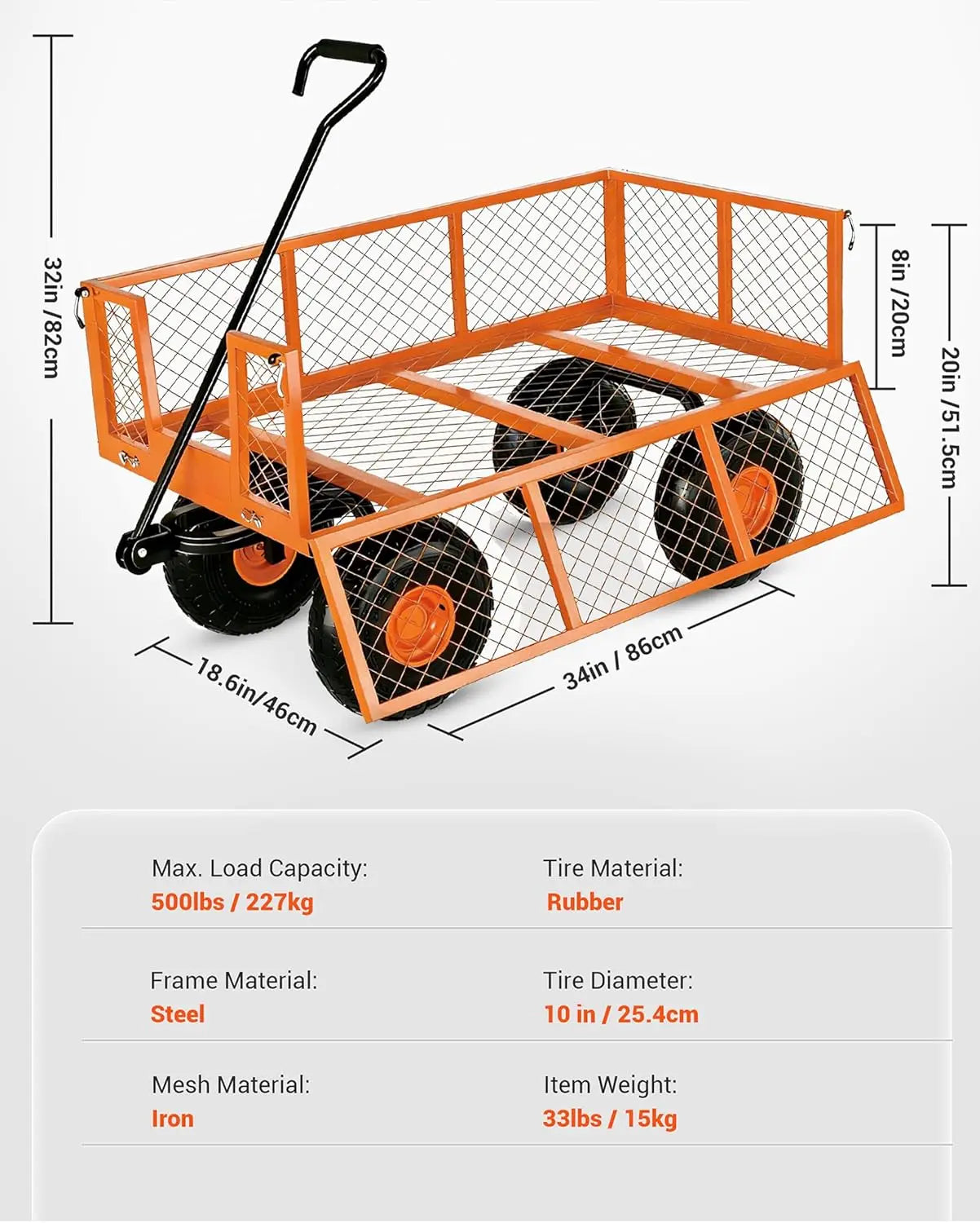 Heavy Duty Steel Garden Cart 500 Lbs Capacity 3 In 1 Wagon with 10 In Wheels