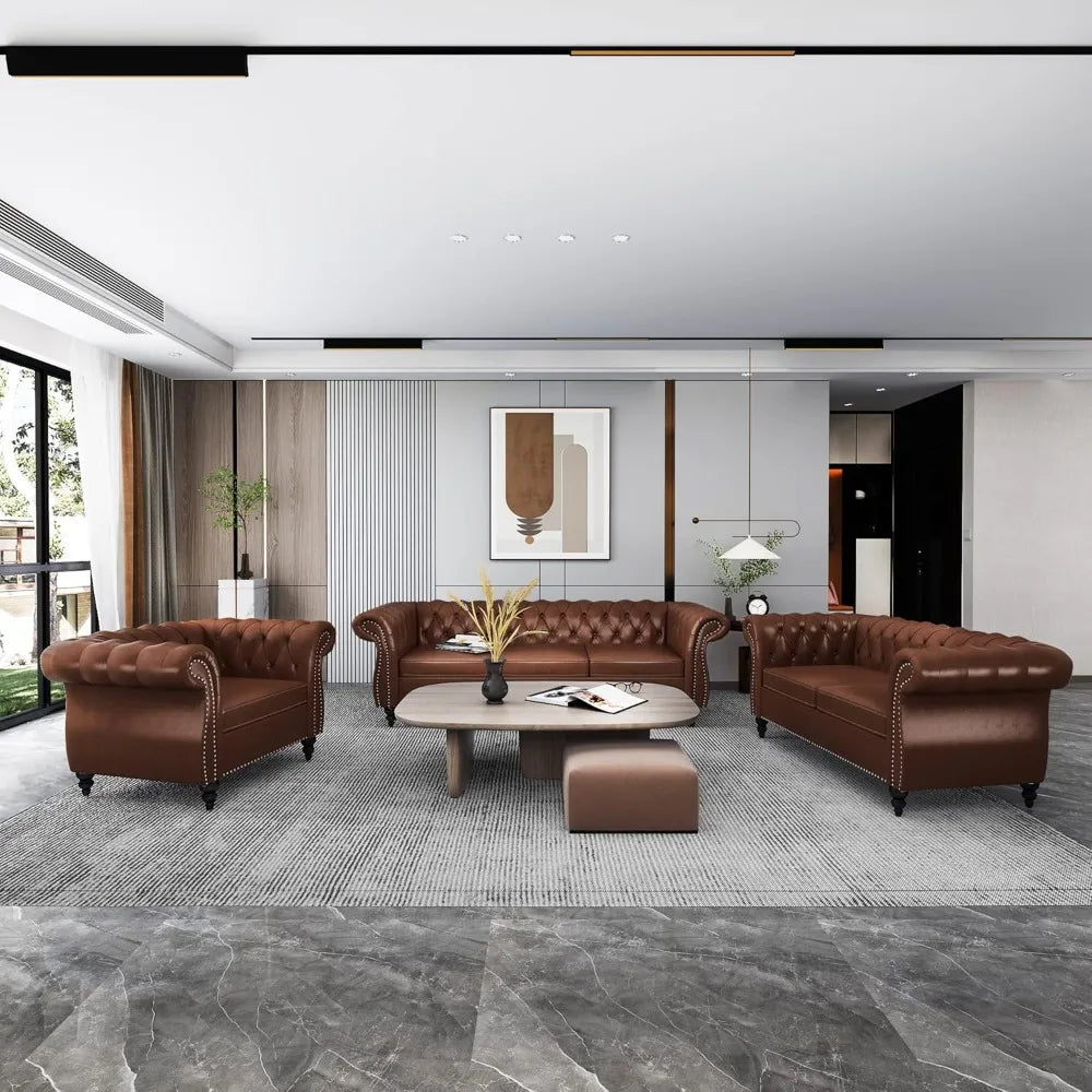 3 Piece Living Room Set Sectional Chesterfield Leather Sofa