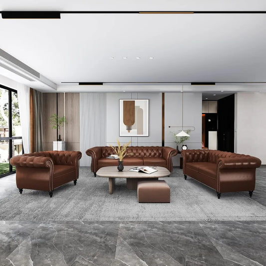 3 Piece Living Room Set Sectional Chesterfield Leather Sofa