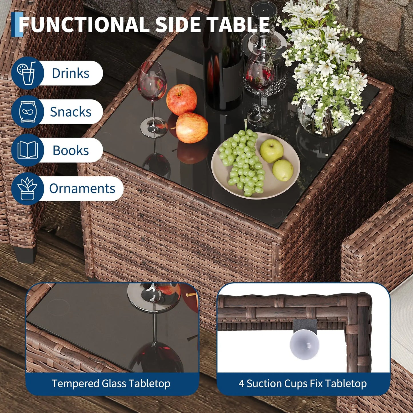Outdoor Bistro Set 3-Piece Wicker Patio Furniture Rattan Seating With Coffee Table & Washable Cushions For Garden Backyard