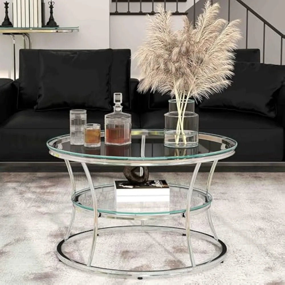 O&K FURNITURE Glass Coffee Table, 2-Tier Modern Living Room Table with Shelf, Tempered Glass & Chrome Frame, Silver Center Table