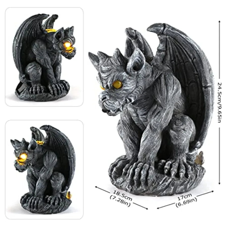 Large Winged Gargoyle Statue with Solar Lights Outdoor Decor, Sitting Gargoyle Monster Dragon Garden Guardian Gothic Creep Scar