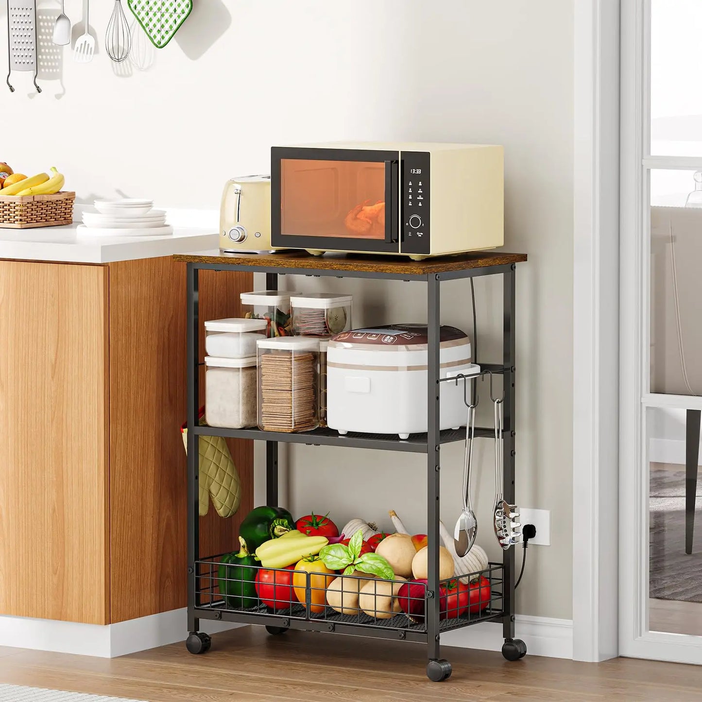 Three Tier Microwave Cart With Storage On Wheels Wood And Metal Kitchen Stand