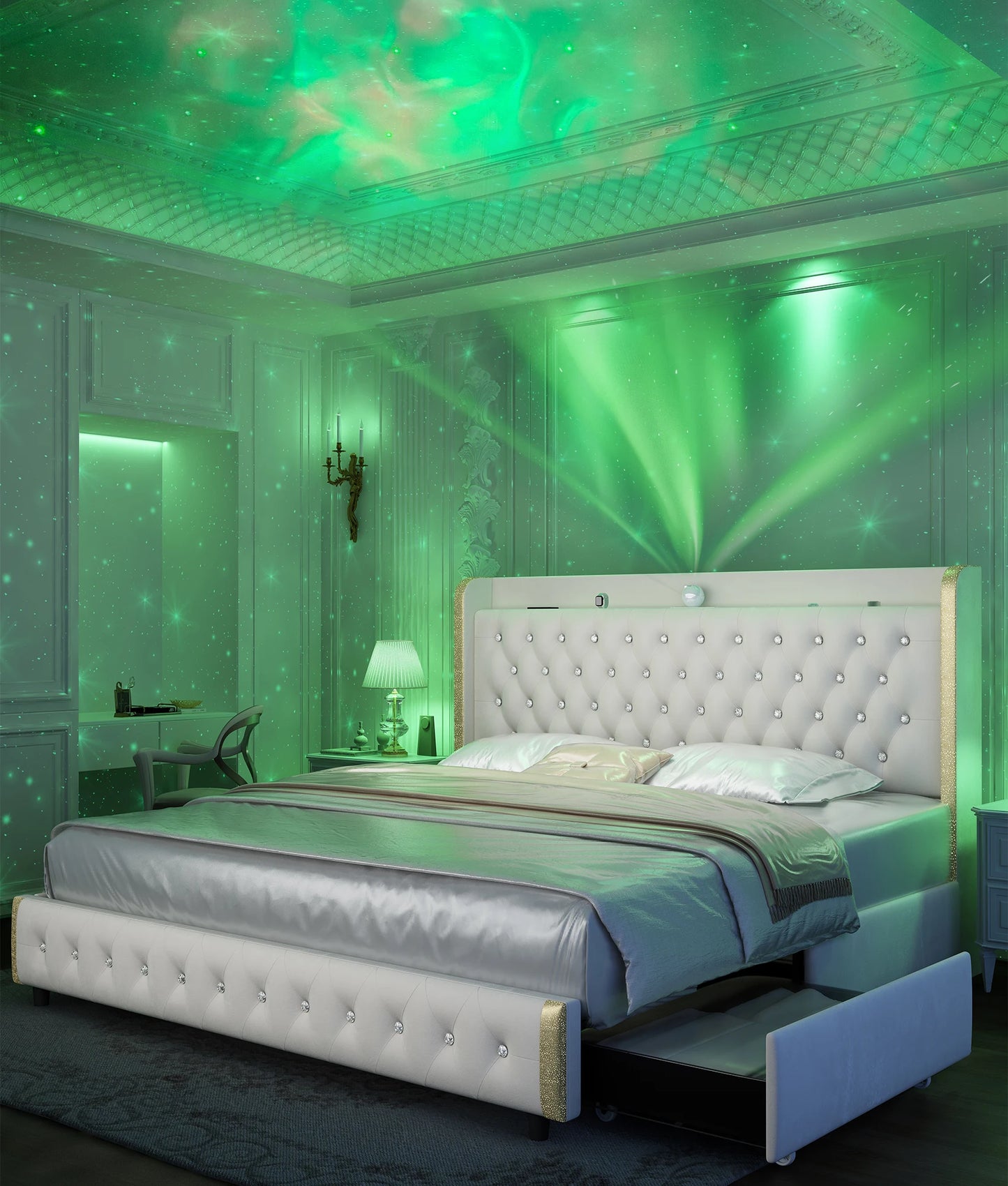 GEGOFORU Queen LED Bed Frame Galaxy Projector USB Ports 4 Drawers